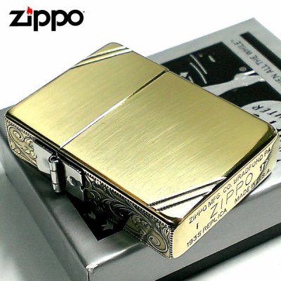 画像1: ZIPPO ライター ジッポ 1935 復刻レプリカ ゴールド アンティークブラス 3面アラベスク ダイアゴナルライン 3バレル 唐草 彫刻 アンティーク 角型 メンズ ギフト プレゼント