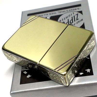 画像2: ZIPPO ライター ジッポ 1935 復刻レプリカ ゴールド アンティークブラス 3面アラベスク ダイアゴナルライン 3バレル 唐草 彫刻 アンティーク 角型 メンズ ギフト プレゼント