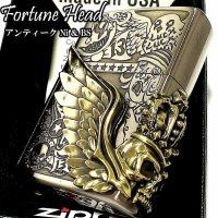 ZIPPO ライター Fortune head ジッポ スカル3面メタル ふくろう かっこいい フォーチュンヘッド ブラス古美 ドクロ おしゃれ メンズ ギフト プレゼント