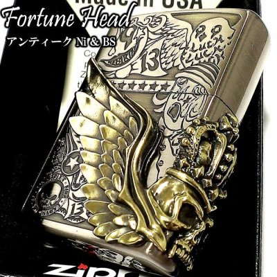 画像1: ZIPPO ライター Fortune head ジッポ スカル3面メタル ふくろう かっこいい フォーチュンヘッド ブラス古美 ドクロ おしゃれ メンズ ギフト プレゼント