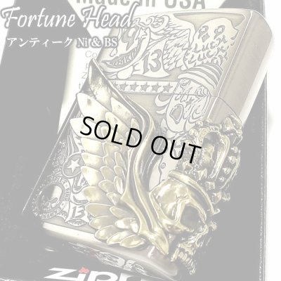 画像1: ZIPPO ライター Fortune head ジッポ スカル3面メタル ふくろう かっこいい フォーチュンヘッド ブラス古美 ドクロ おしゃれ メンズ ギフト プレゼント