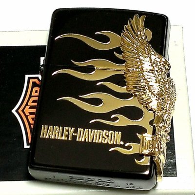 画像1: ZIPPO ハーレーダビッドソン ジッポライター ブラック＆ゴールド かっこいい ファイヤー 3面ゴールドメタル イーグル 黒金 HARLEY-DAVIDSON 日本国内限定モデル ジッポー ギフト