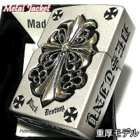 ZIPPO ライター メタルジャケット ジッポ 超重厚 クロス シルバー＆ゴールド 5面デザイン 艶消し 彫刻 メンズ 銀 十字架 アクセサリー かっこいい ギフト