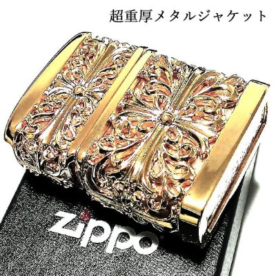 画像2: ZIPPO ライター メタルジャケット 超重厚 ダブルクロス ゴールド ジッポ 4面加工 彫刻デザイン 金 メンズ アクセサリー ゴールドポリッシュ かっこいい 十字架 ギフト プレゼント