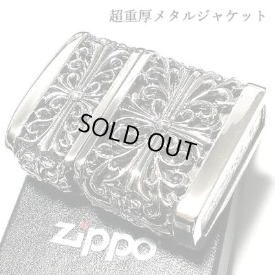 画像2: ZIPPO ライター メタルジャケット ダブルクロス 超重厚 シルバーイブシ ジッポ 4面加工 彫刻デザイン 銀 メンズ アクセサリー かっこいい 十字架 プレゼント ギフト