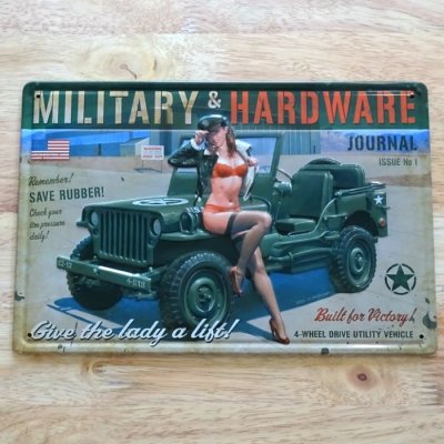 画像1: ブリキ看板アメリカン ミリタリーカー MILITARI&HARDWARE ビンテージ プレート 壁飾り ビンテージ 雑貨 インテリア セクシーレディー サーファー カフェ 店舗