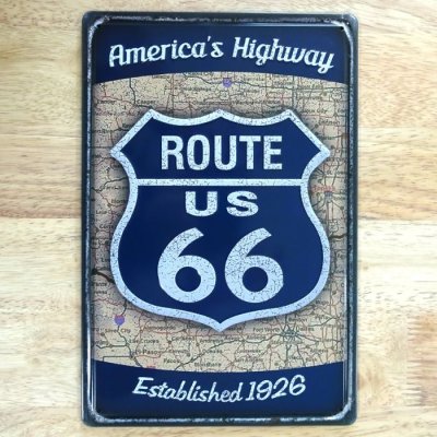 画像1: ブリキ看板 ビンテージ ROUTE US 66 BL ルート66 アメリカン マップ ガレージ プレート 壁飾り 雑貨 インテリア 可愛い かわいい かっこいい サーファー カフェ 店舗