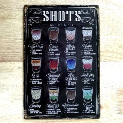 画像1: ブリキ看板 ビンテージ SHOTS ドリンク カラフル プレート 壁飾り アメリカン 雑貨 インテリア 可愛い かわいい かっこいい サーファー カフェ 店舗