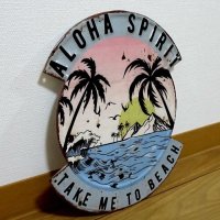 ブリキ看板 ビンテージ 可愛い ALOHA SPIRIT ハワイ ヤシの木 ビーチ 海 ガレージ プレート 壁飾り 雑貨 インテリア かわいい かっこいい サーファー カフェ 店舗