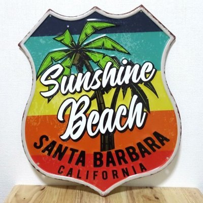 画像1: ブリキ看板 おしゃれ ビンテージ ビーチ Sunshine Beach ヤシの木 サーフィン アンティーク サーファー ガレージ プレート 可愛い 壁飾り アメリカン 雑貨 インテリア かわいい カフェ 店舗