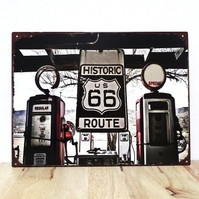 画像1: ブリキ看板 ルート66 アンティーク RT 66 Gas Staition ビンテージ ROUTE66 ガレージ プレート 壁飾り かわいい アメリカン 雑貨 レトロ インテリア おしゃれ 可愛い サーファー カフェ 店舗