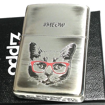 画像1: ZIPPO ライター ねこ ニャーキャット ジッポ 猫 メガネ かわいい ユニーク ネコ MEOW 可愛い 女性 シルバー イブシ仕上げ レディース メンズ ギフト プレゼント