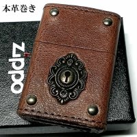 ZIPPO 革巻き ジッポ おしゃれ ライター キーホール ブラウン レザー 茶 鍵穴 アンティーク メタル クラシック 本牛皮 かっこいい メンズ ギフト