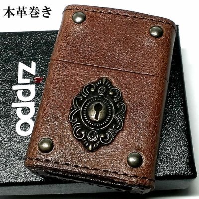 画像1: ZIPPO 革巻き ジッポ おしゃれ ライター キーホール ブラウン レザー 茶 鍵穴 アンティーク メタル クラシック 本牛皮 かっこいい メンズ ギフト