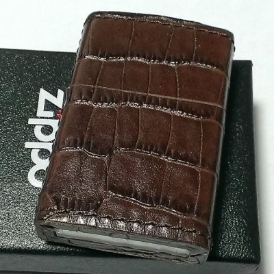 画像2: ZIPPO ライター ジッポ 革巻き クロコダイル型押し ブラウン 全面 本牛革 かっこいい 茶 おしゃれ 皮 メンズ ジッポー ギフト プレゼント