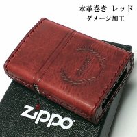 ZIPPO 革巻き ジッポ ライター ダメージ加工 レッド 赤 牛本皮 ユーズド仕上げ zippoロゴ ハンドメイド かっこいい おしゃれ ギフト 女性