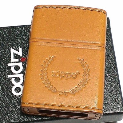 画像1: ZIPPO 革巻き ジッポ ライター ライトブラウン ロゴデザイン レザー キャメル シンプル 本牛革 薄茶 かっこいい 皮 メンズ 渋い ギフト プレゼント