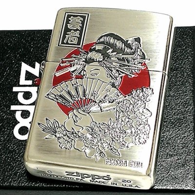 画像1: ZIPPO ライター 芸者 和柄 ジッポ アンティーク シルバー燻し 日の丸 ジッポー かっこいい メンズ レディース ギフト おしゃれ プレゼント