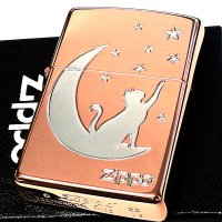 ZIPPO 月とネコ ピンクゴールド 猫 ジッポ ライター シルバー ロゴ おしゃれ レディース ねこ かわいい 星 彫刻 女性 シンプル 可愛い ギフト プレゼント