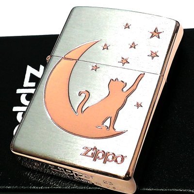 画像1: ZIPPO ライター 月とネコ 可愛い シルバーサテン ピンクゴールド ジッポ ロゴ 猫 星 かわいい レディース ねこ 女性 彫刻 シンプル おしゃれ ギフト プレゼント