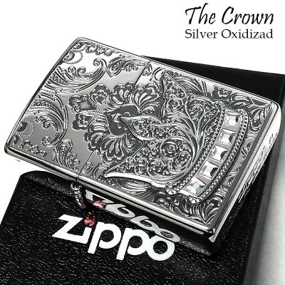 画像1: ZIPPO 限定 ジッポ ライター クラウン エッチング彫刻 シリアルナンバー入り アンティークシルバー 燻し加工 おしゃれ スワロフスキー 王冠 銀 ラインストーン かっこいい メンズ プレゼント ギフト