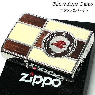 画像1: ZIPPO ライター フレーム ロゴ ジッポ かっこいい 炎 木目調 ファイヤー ベージュ ブラウン 両面加工 メンズ おしゃれ プレゼント ギフト