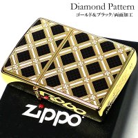 ZIPPO ライター ダイアモンドパターン ゴールド＆ブラック ジッポ 金タンク 両面加工 黒 エッチング彫刻 かっこいい おしゃれ メンズ ギフト プレゼント