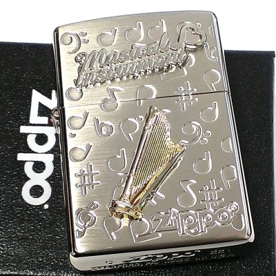 画像2: ZIPPO ライター かわいい 楽器 ハープ メタル ジッポロゴ シルバー 可愛い 両面加工 ハート 音符 ホワイトニッケル 銀 おしゃれ メンズ レディース プレゼント ギフト