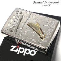 ZIPPO ライター かわいい 楽器 ハープ メタル ジッポロゴ シルバー 可愛い 両面加工 ハート 音符 ホワイトニッケル 銀 おしゃれ メンズ レディース プレゼント ギフト