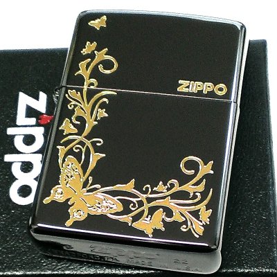 画像1: ZIPPO ライター バタフライ ジッポ ロゴ ブラックニッケル 蝶 可愛い 黒 金差し かわいい おしゃれ 女性 レディース ギフト プレゼント