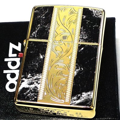 画像2: ZIPPO ライター アラベスク＆黒大理石 Marble＆Engrave 金タンク ゴールド＆ブラック ジッポ 彫刻 両面加工 黒金 かっこいい おしゃれ メンズ ギフト プレゼント