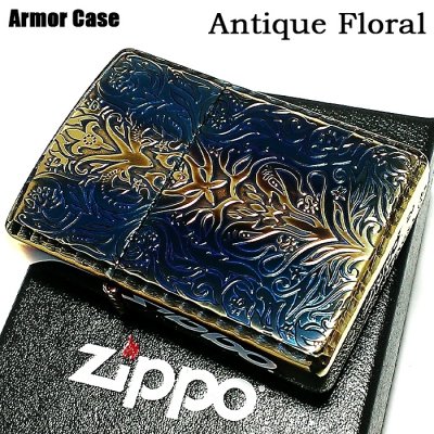 画像1: ZIPPO アーマー ジッポ アンティークフローラル 両面彫刻加工 ゴールド 古美仕上げ 重厚モデル 花 銀 ライター かっこいい メンズ レディース プレゼント ギフト