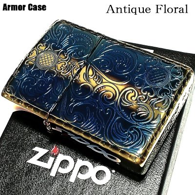 画像1: ZIPPO アーマー ジッポ アンティークフローラル 両面彫刻加工 ゴールド 古美燻し仕上げ 重厚モデル 花 銀 ライター かっこいい メンズ レディース プレゼント ギフト