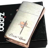 ZIPPO スリム ジッポ ライター ハート クロス ラバーズ 彫刻 ピンクゴールド シルバーサテン 可愛い 女性 メンズ レディース かわいい シンプル ギフト プレゼント