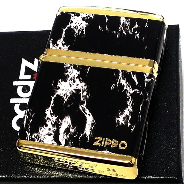 ZIPPO ライター ジッポ ロゴ ブラック/ホワイト 4面加工 ゴールド 金タンク Marble Logo かっこいい おしゃれ メンズ ギフト  父の日 プレゼント