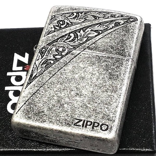 画像1: ZIPPO ライター おしゃれ ジッポ ロゴ アラベスク ニッケルバレル エッチング彫刻 唐草 アンティークシルバー かっこいい メンズ お洒落 父の日 ギフト プレゼント (1)