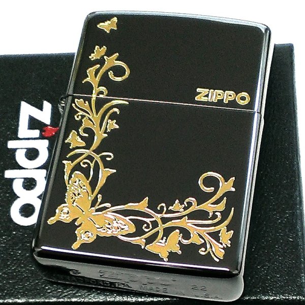 画像1: ZIPPO ライター バタフライ ジッポ ロゴ ブラックニッケル 蝶 可愛い 黒 金差し かわいい おしゃれ 女性 レディース ギフト プレゼント (1)