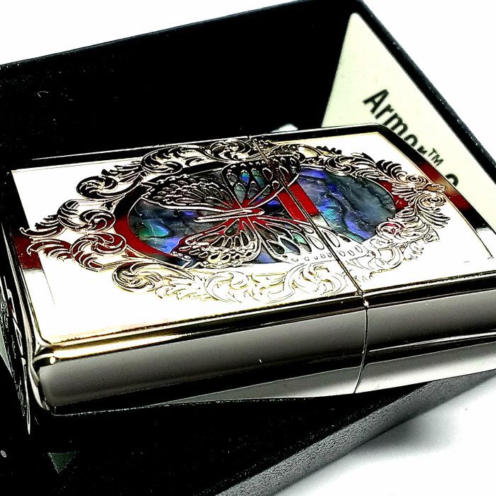 Zippo ライター アーマー 両面加工 金銀 メンズ 動画有り レディース 重厚モデル ギフト コンビシェル 天然貝 シェル 可愛い 蝶 バタフライ 繊細彫刻 ジッポ おしゃれ