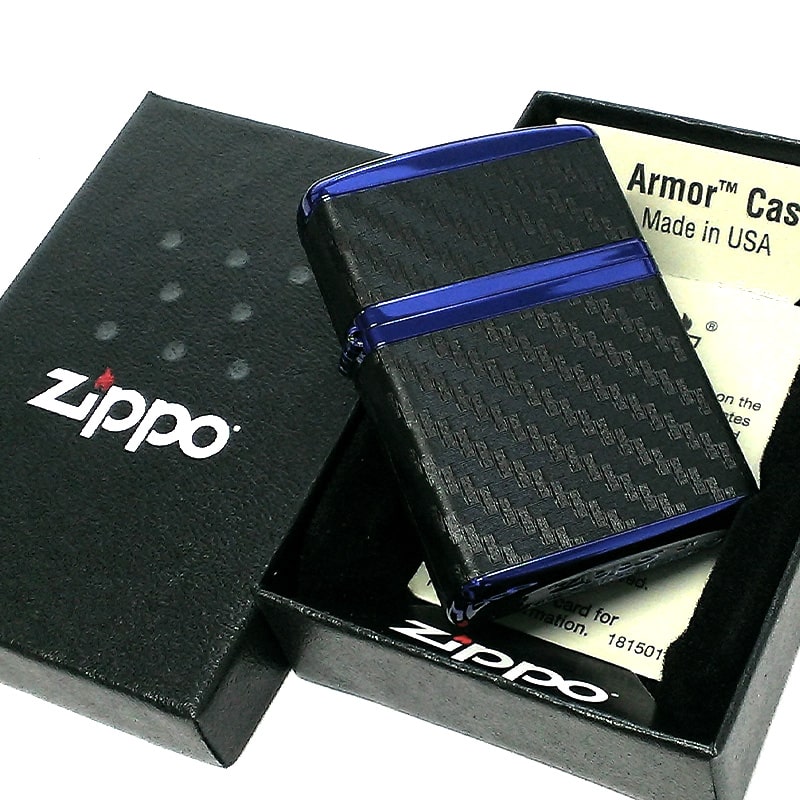 ZIPPO ライター アーマー カーボン ジッポ おしゃれ ブルーイオンコーティング 4面連続加工 ブラック シンプル 黒 青 かっこいい メンズ  シンプル 父の日 ギフト プレゼント